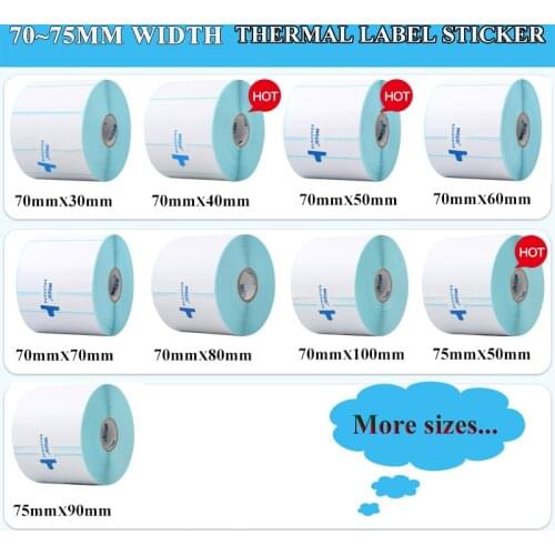 Thermal barcode Sticker, 40mm Core, 1 Roll , Width 70mm ~75mm, Direct Thermal Shipping label for Zebra Godex Gprinter Xprinter