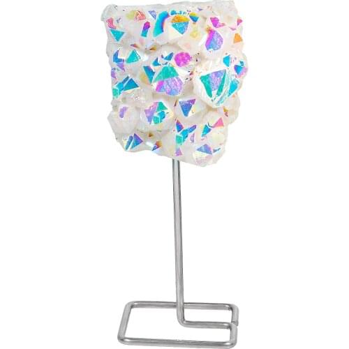 TUMBEELLUWA Titanium Coated Rock Crystal Cluster Figurine with Stainless Steel Stand Irregular Stone Desk Ornament Home Decor