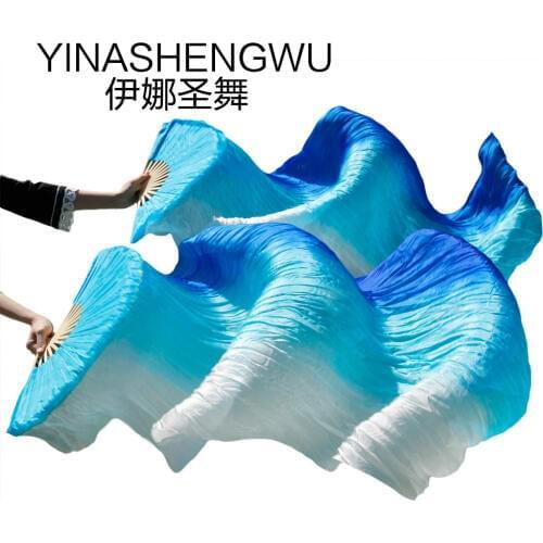 Stage Performance 100% Silk Belly Dance Fans Dance Accessories Belly Dancing Silk Fans white+turquoise+royal blue stripes