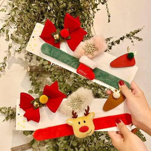 4Pcs/Set Cute Hair Clips For Girls Hair Bow Cute Elk Santa Claus Kids Bracelet Christmas Gift Plush Girls Barrettes Snap Toy