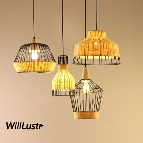 Retro Iron Pendant Lamp Hand Knitted Bamboo Hotel Restaurant Club Lounge Dining Room Bedroom Industial Suspension Hanging Light
