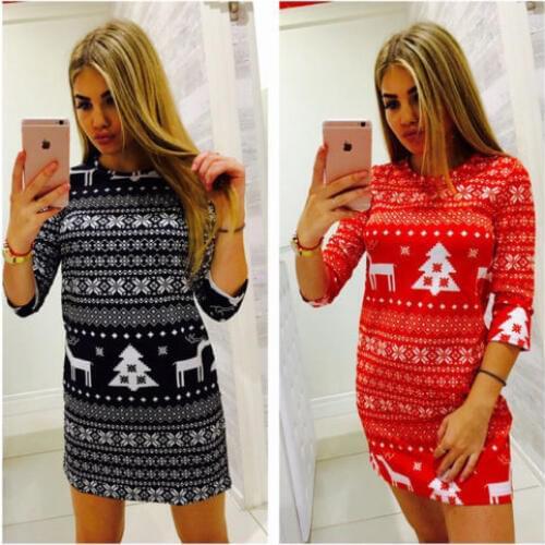 Women Autumn Winter Clothes Christmas Party Bodycon Xmas Ladies Mini Dress Round Neck Long Sleeve Warn Pullover