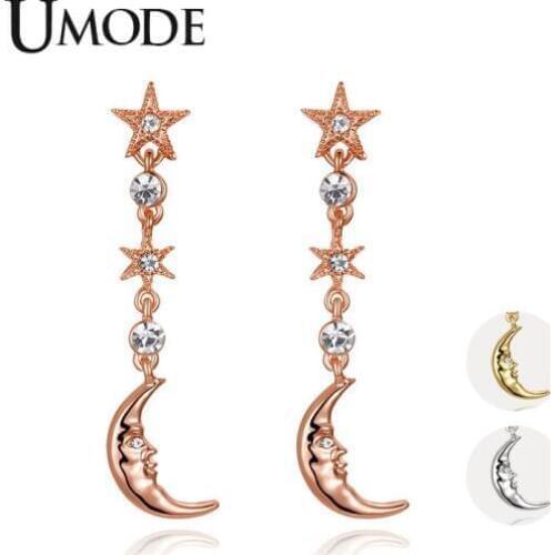 UMODE New Clear Austrian Crystal Moon and Stars Drop Earrings for Women Gold&Rose&White Gold CZ Zircon Jewelry Gift AUE0562