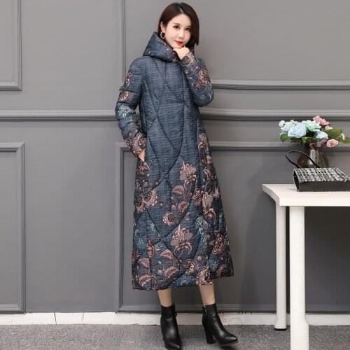 X-Long Winter Thick Down Jacket for Women Hooded Printing Female Thick Coat Ladies Cover Button Long Parkas with Pockets Outwear