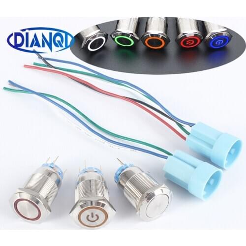 19mm Waterproof 12V 24V 220V 3V Metal Push Button Switch Latching Momentary Reset Horn LED Press Ring Light Car Auto PC Power