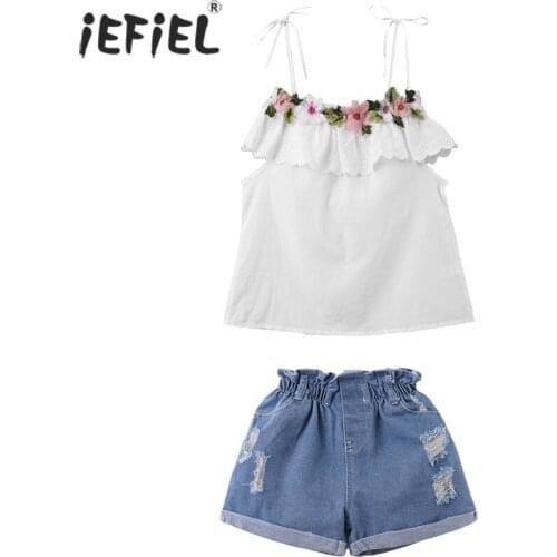 Summer Kid Girl Clothes Off Shoulder Embroidery Flowers Tops Ripped Denim Shorts 2Pcs Baby Kids Clothes Suit Children Clothing