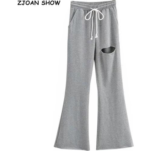 2021 Adjust Rope Elastic Waist Hole Slit Flare Pants Women Loose Casual Sports Trousers Women Joggers Streetwear Leisure Pants