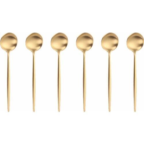6Pcs Gold Stainless Steel Coffee Teaspoons Dessert Ice Cream Fruit Teaspoons Round Shape Coffee Mixing Spoons Kitchen Party Tool