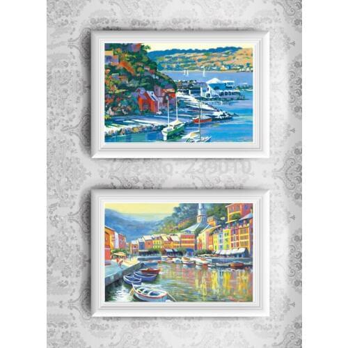 Free shipping Mediterranean cartoon scenery oil painting canvas prints impression boat printed on canvas home decoration picture