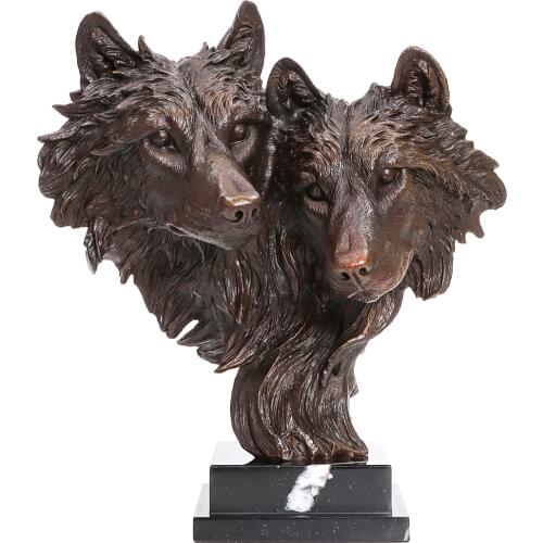 Couple Wolves Head Bronze Statue Wild Animal Wolf Sculpture Art Home Office Table Decor Ornament