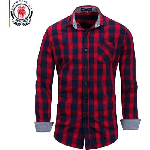 FREDD MARSHALL 2018 Summer New Casual Dress Shirt Men Long Sleeve Fashion Plaid Denim Shirt 100% Pure Cotton Brand Clothes FM158