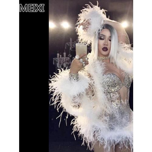 Deep V unique personality Snow White ostrich hair color elastic suit bar nightclub concert singer dancer costumes
