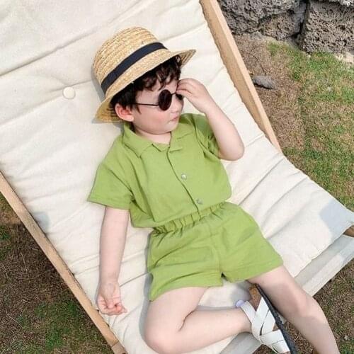 Boys Cotton Linen Clothing Sets Japanese Korean Style Kids All-Match Single-Breasted Shirt+Shorts 2Pcs Suits