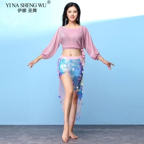 Belly Dance Costume Practice Belly Dance Sets Sequin Silver Mesh Top+Hip scarf Sexy Split Oriental Dance BellyDancing Dress Suit