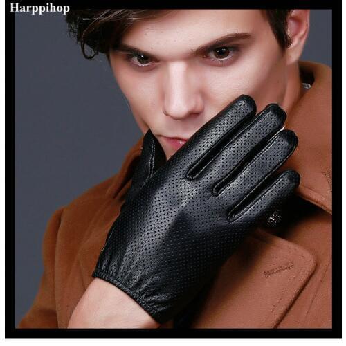 Harppihop Leather gloves men winter leather gloves locomotive driving thin section of large size sheepskin gloves