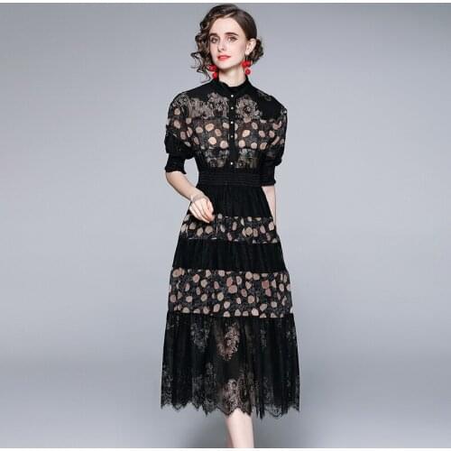Summer Women Clothes High Waist Lantern Short Sleeve Black Lace Patchwork Dress , Woman Vintage Dot Pattern Long Dresses