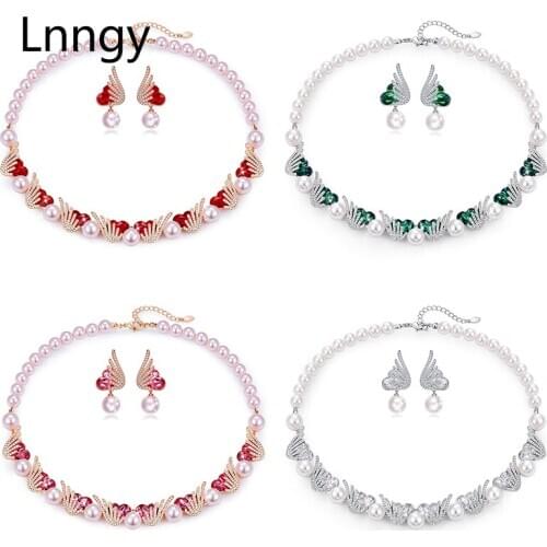 Lnngy 14K Gold Filled Heart Cut Crystal Pearl Necklace Earring Angel Freshwater Chokers Necklace Length 43+5CM Women Jewelry Set