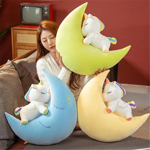 Soft Down Cotton Plush Pillow Adorable Unicorn Plush Toy Ride On Moon Shape Sleep Pillow Fairy Unicornio Sofa Cushion Home Decor