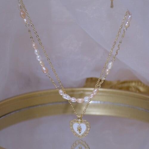 14k Real Gold Plated Fine Jewelry Freshwater Pearl Love Necklace Two-piece Clavicle Chain Short Necklaces for Woman