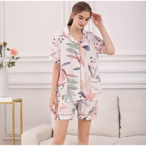 Summer New Women Sweet Pink Pajamas Set Leaves Printed Fresh Style 2pcs Ladies Sleepwear Comfort Loose Casual Wear & Homewear