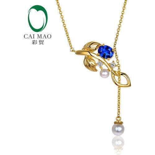 Caimao Jewelry Natural 0.50ct Sapphire With Pearl and Diamond 14kt Yellow Gold Engagement Chain Pendant