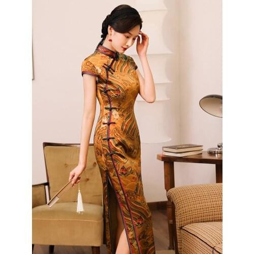Qipao Evening Dresses Silk Cheongsam Dress Golden Printing Large Size Cheongsams High End Show Long Qipao Chinese Dress