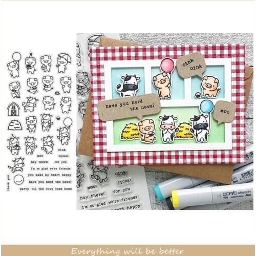 Cute Cartoon Pig Cow House Grass Farm Umbrella Balloon Sentence Letter Clear Silicone Stamps Make Cards New Stencils Scrapbook
