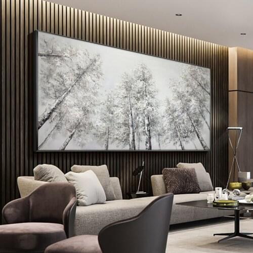 Modern Family Handmade Oil Painting Birch forest Wall Art Picture Living Room Home Decor On Canvas