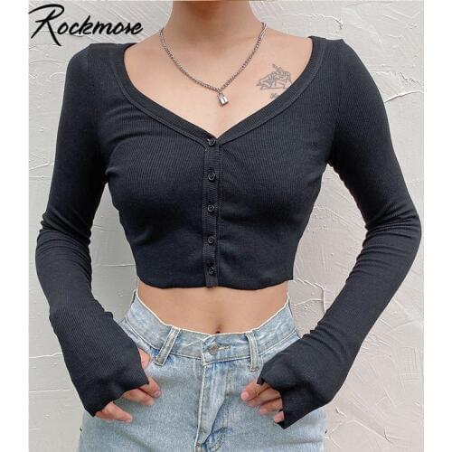 Rockmore Harajuku Knitted T Shirt Long Sleeves For Women Deep V Sexy Shirt Long Sleeve Crop Top With Button Women Clothes 2019