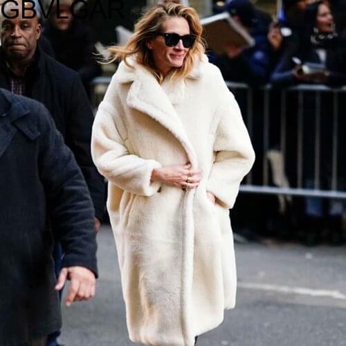 Women 2020 Fashion Long Sleeve Pockets Winter Coat Vintage Stylish Thick Warm Faux Fur Teddy Jacket Female Outerwear Chic Tops