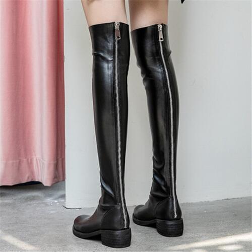 2019 new arrival women over the knee boots genuine leather round toe zip square heels shoes woman Motorcycle boots