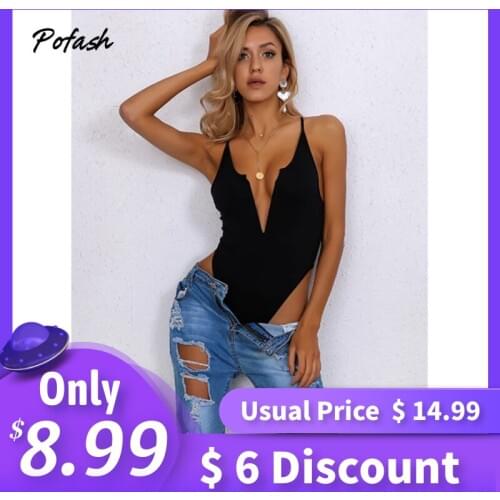 Pofash Solid Black Bodysuits Women Deep V Neck Criss-cross Back Lace Up Sexy Rompers Female Slim Sleeveless Summer Overalls 2021