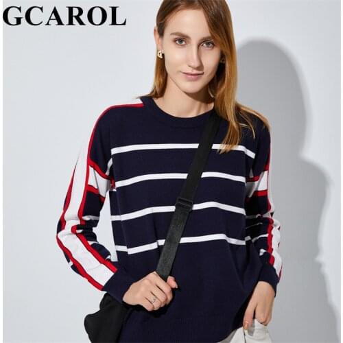 GCAROL New Fall Winter Women Striped Spliced Sweater Lazy Style Drop Shoulder Loose Knitted Pullover Elegant Lady Jumper XL