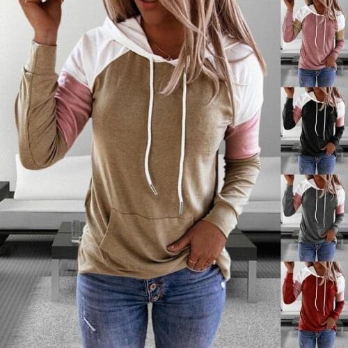 Plus Size Autumn Casual Patchwork Hoodie Sweatshirt Long Sleeve Pocket Pullover Color Matching Women Hooded Tops for Daily