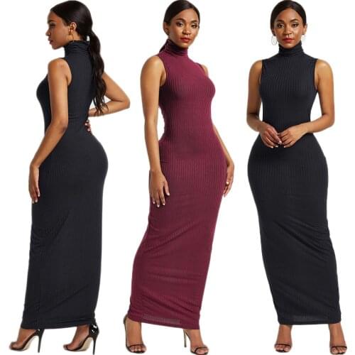 Women High Neck Maxi Dress Sleeveless Bodycon Long Dresses Pencil Stretch Party Gown Plus Size Fashion Vestidos