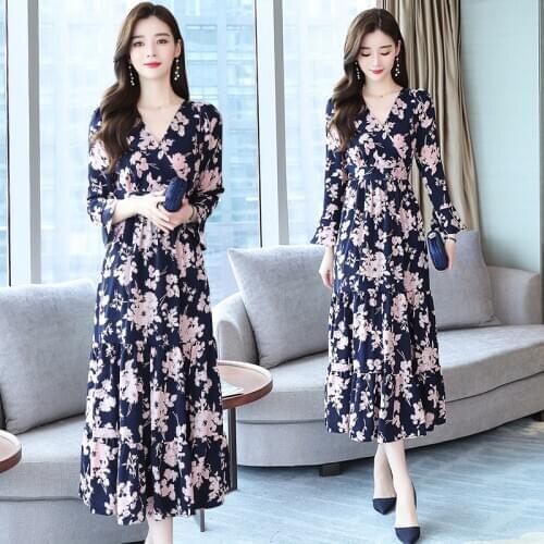Autumn Casual Female Floral Chiffon Beach Maxi Dress 2021 Vintage Plus Size Long Sleeve Midi Dresses Elegant Women Party Vestido