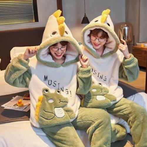 Winter Couple Pajamas Women Men Sets Thicken Pyjamas Sleepwear Adult Korean Cartoon Dinosaur Pijama Mujer Suit Hoodies Plus Size