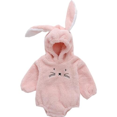 Winter Newborn Baby Boys Girls Bodysuit Hooded Cute Rabbit Ears Long-sleeved Cartoon Solid Color Jumpsuit Funny Baby Bodysuit