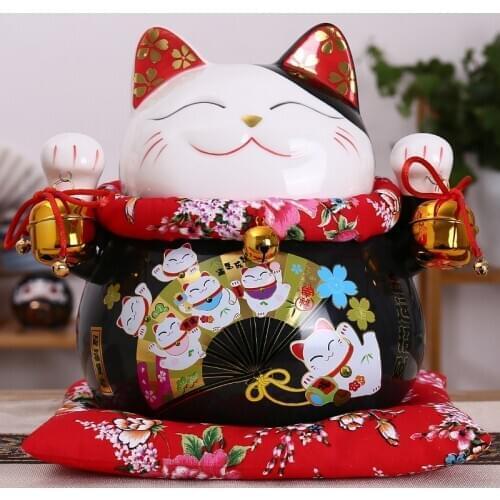 10 inch Black Ceramic Maneki Neko Ornament Lucky Cat Money Box Fortune Cat Figurine Chinese Statue Piggy Bank with Bells