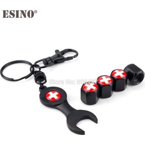 40 x Car Styling Stainless Steel Zinc Alloy Wheel Tire Valve Stem Caps Switzerland Flag Universal With Mini Wrench Key Chain