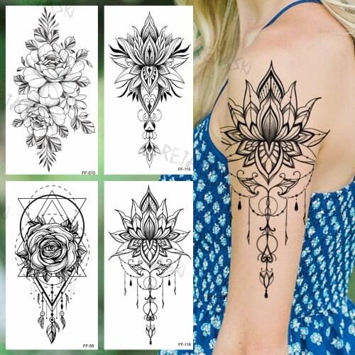 Black Henna Lotus Bracelet Temporary Tattoos For Women Girls Fake Jewels Geometric Rose Fake Tattoo Sticker Sexy Arm Body Tatoos