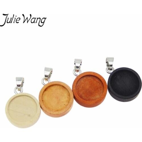 Julie Wang 4PCS Wood Round Cabochon Base Settings With Hooks Charms Blank Bezel Tray Jewelry Making Accessory Inner Size 12mm
