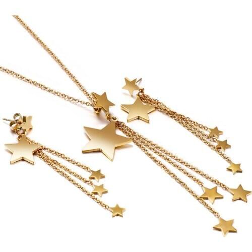 Dubai Jewelry Sets five pointed star long star tassel Pendants Necklance and Earrings lots Jewelry for women Gold Color