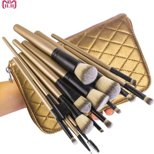 15Pcs Professional Makeup Brush Set Foundation Blusher Powder Eyeshadow Eyeliner Kabuki Brushes With Gold Zip Case