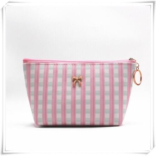 Key Card Earphone Cosmetic Bag Pink Lattice Pattern Large Storage Travel Makeup Pouch Toiletry Beauty Kit Organizer Wash Case