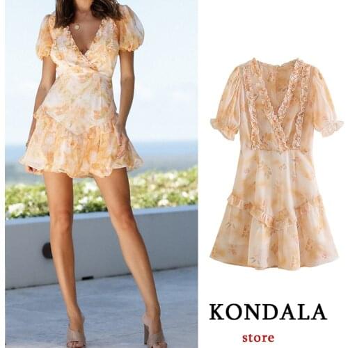 KONDALA Women Summer Sundress Za Fashion 2021 Wood ear Chiffon Beach Mini Dress Short Sleeve High Street Party Cami Dresses