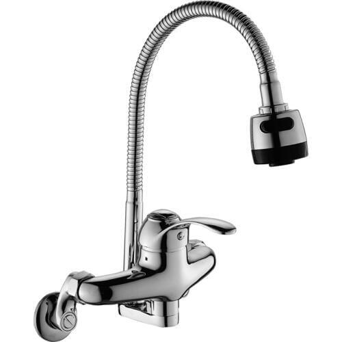Kitchen Faucet 360 Degree Swivel Sink Tap Wall Mounted Stream Sprayer Dual Hole Single Handle Flexible Pipe Cold Hot Water Mixer