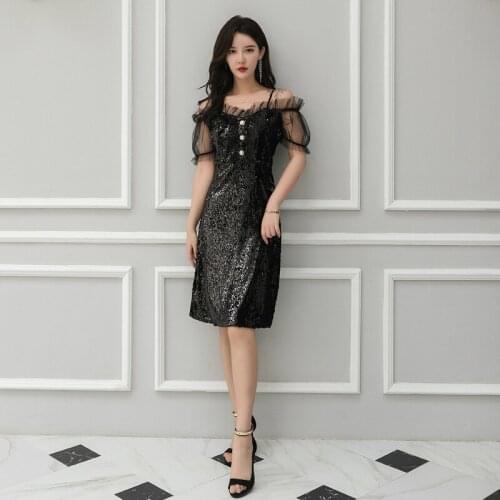 L-5XL Big Size French Style Runway Off Shoulder Dress Women Slim Black Party Dress Ladies Mesh Patchwork Sequin Dress Women Robe