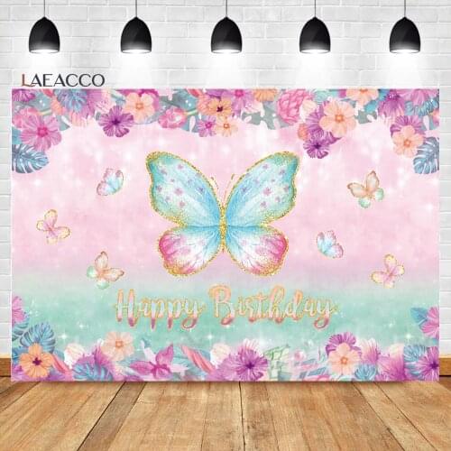 Laeacco Watercolor Floral Butterfly Gradient Background For Girls Birthday Party Baby Shower Customized Photography Backdrops