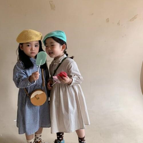 Autumn New Arrival Korean style girls dress Literature and Art Retro with lace doll collar plaid dress for cute sweet baby girl